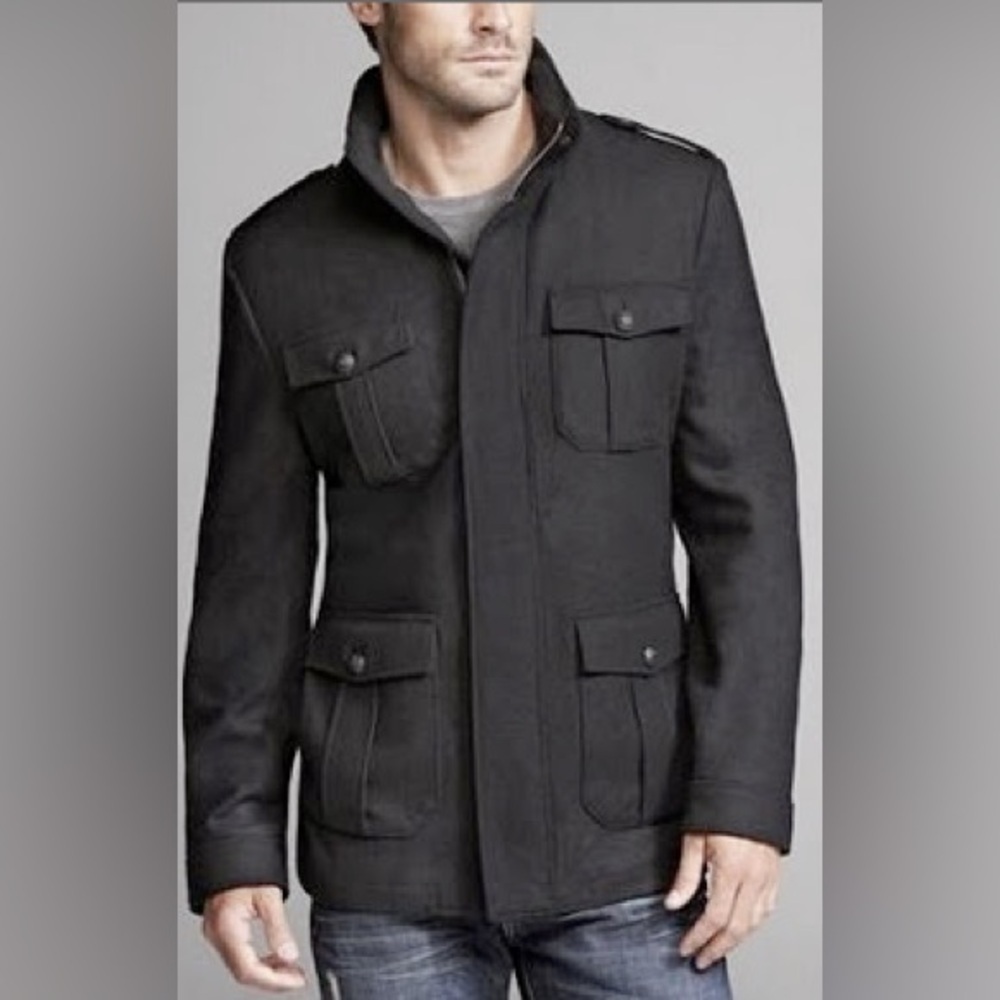 🌺EXPRESS BLACK WOOL MILITARY JACKET-HIDDEN ZIP OUT HOOD UNDERNEATH COLLAR